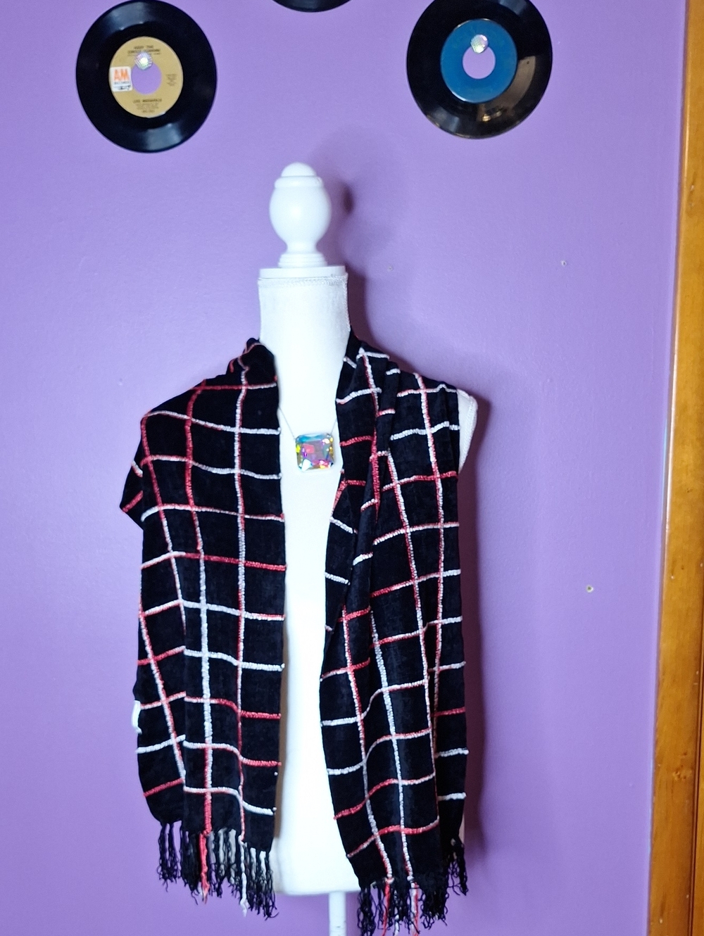 Black Windowpane Fringe Scarf Wrap with Pink, Red, & White